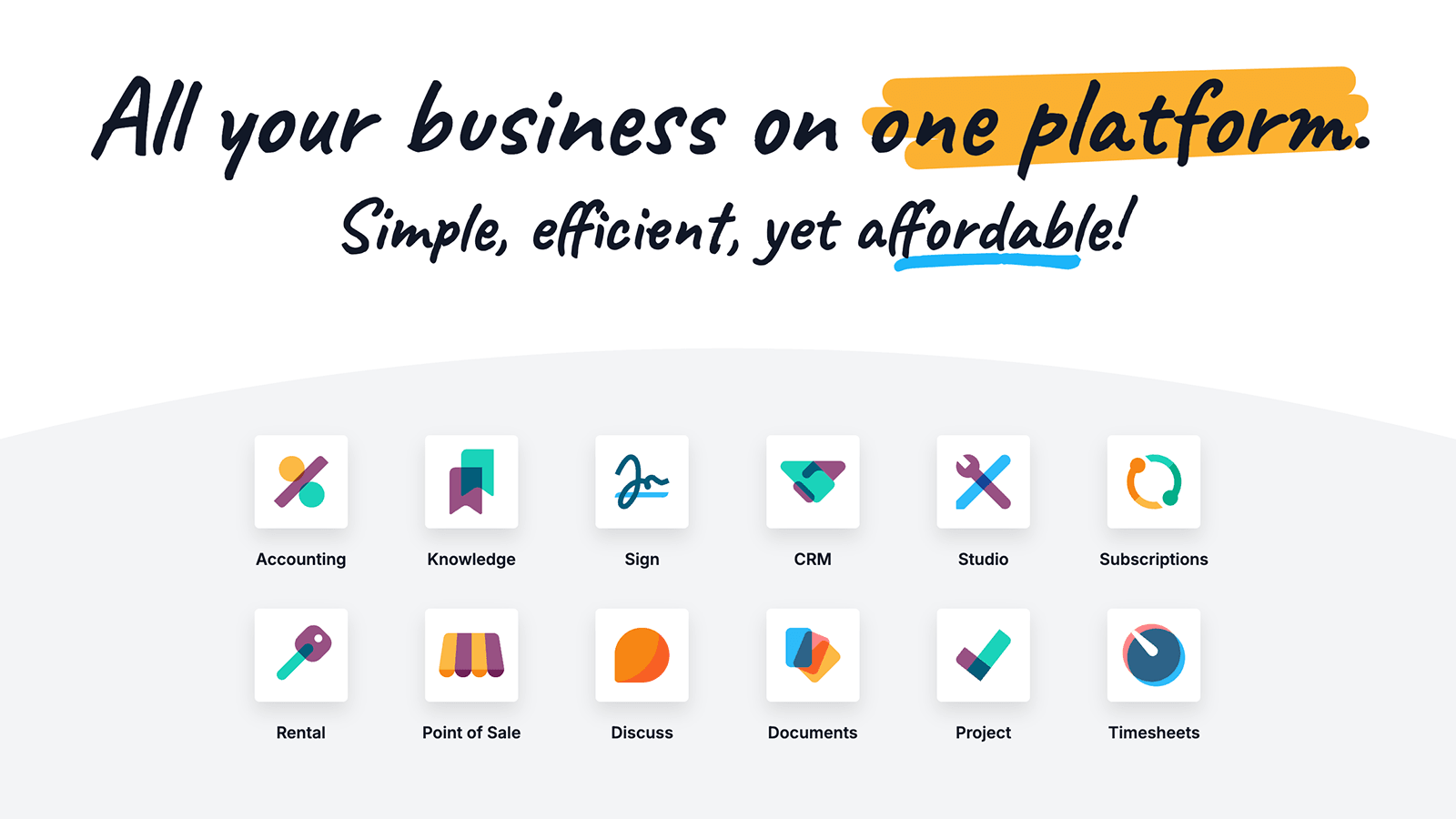 Odoo platform showcasing 12 integrated business modules